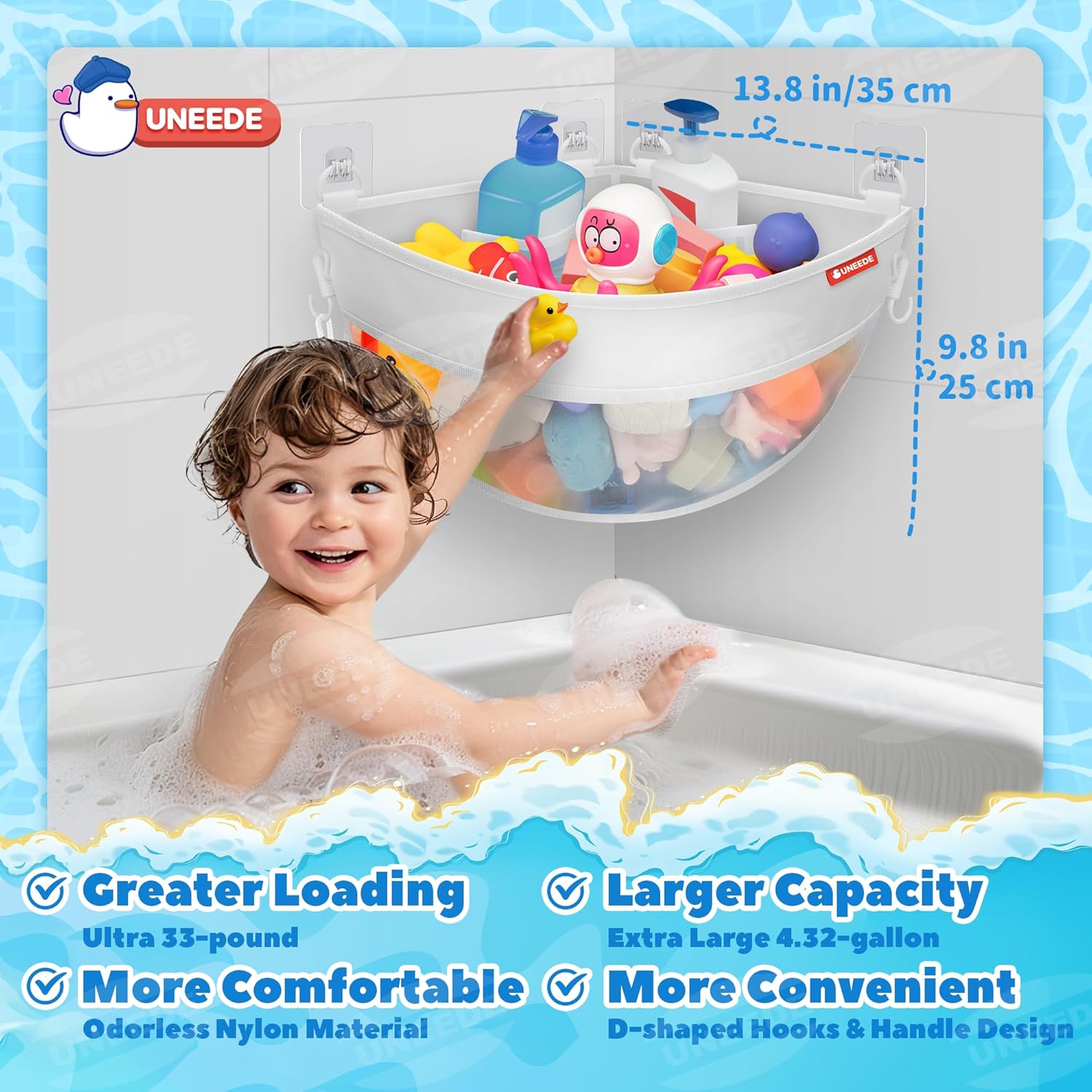 UNEEDE 432 Gallons Corner Mounted Bath Toy Storage Holder