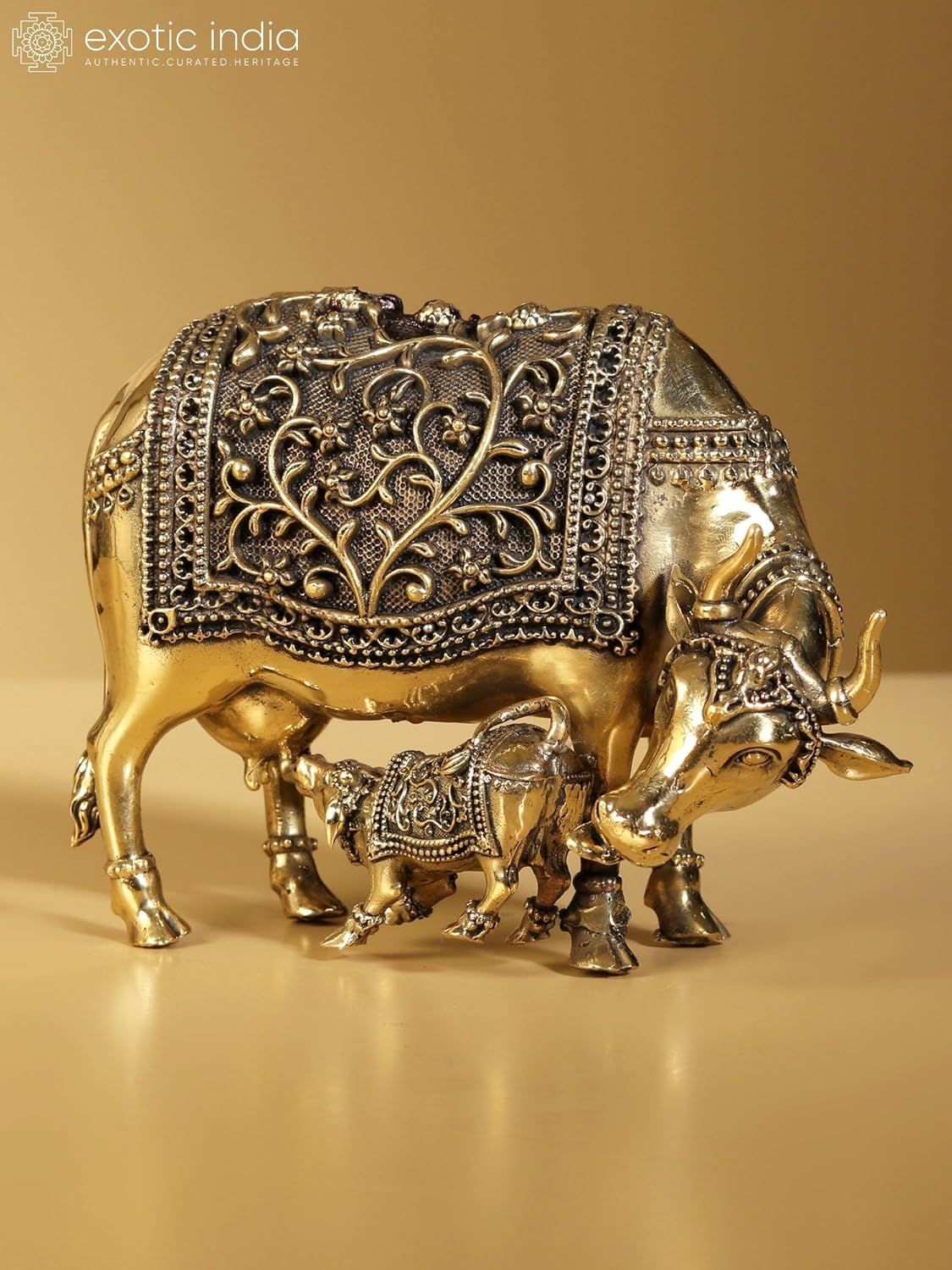 Exotic India Superfine Kamdhenu Cow Calf Brass Statue 1