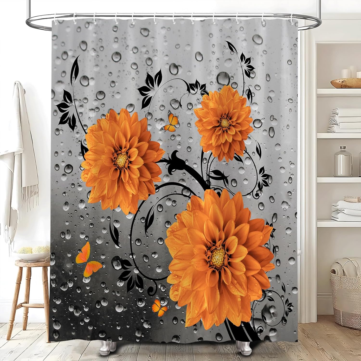 Grey Raindrop Floral Shower Curtain Set with Hooks 70x70 Inch