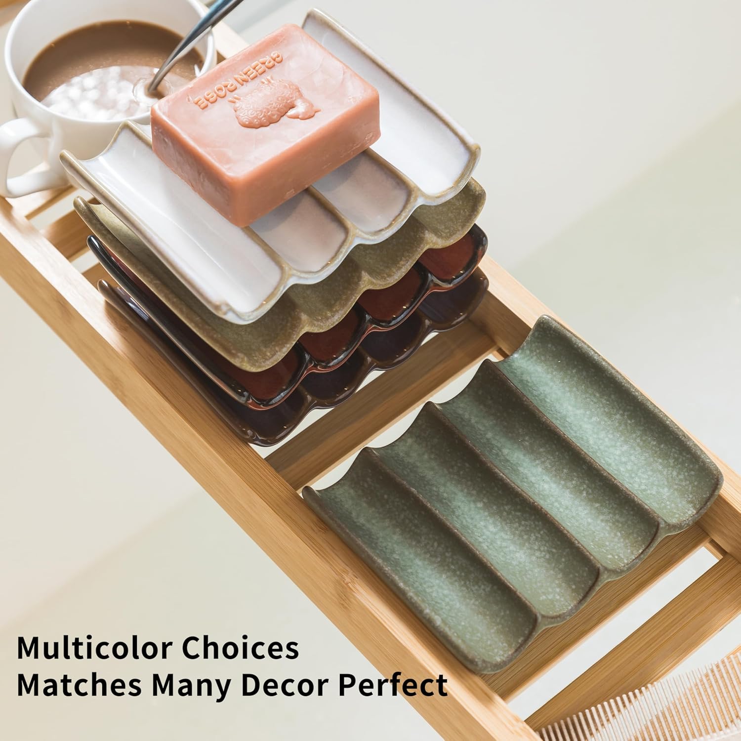 Cormomu Draining Ceramic Soap Dish - Fluted Design Green