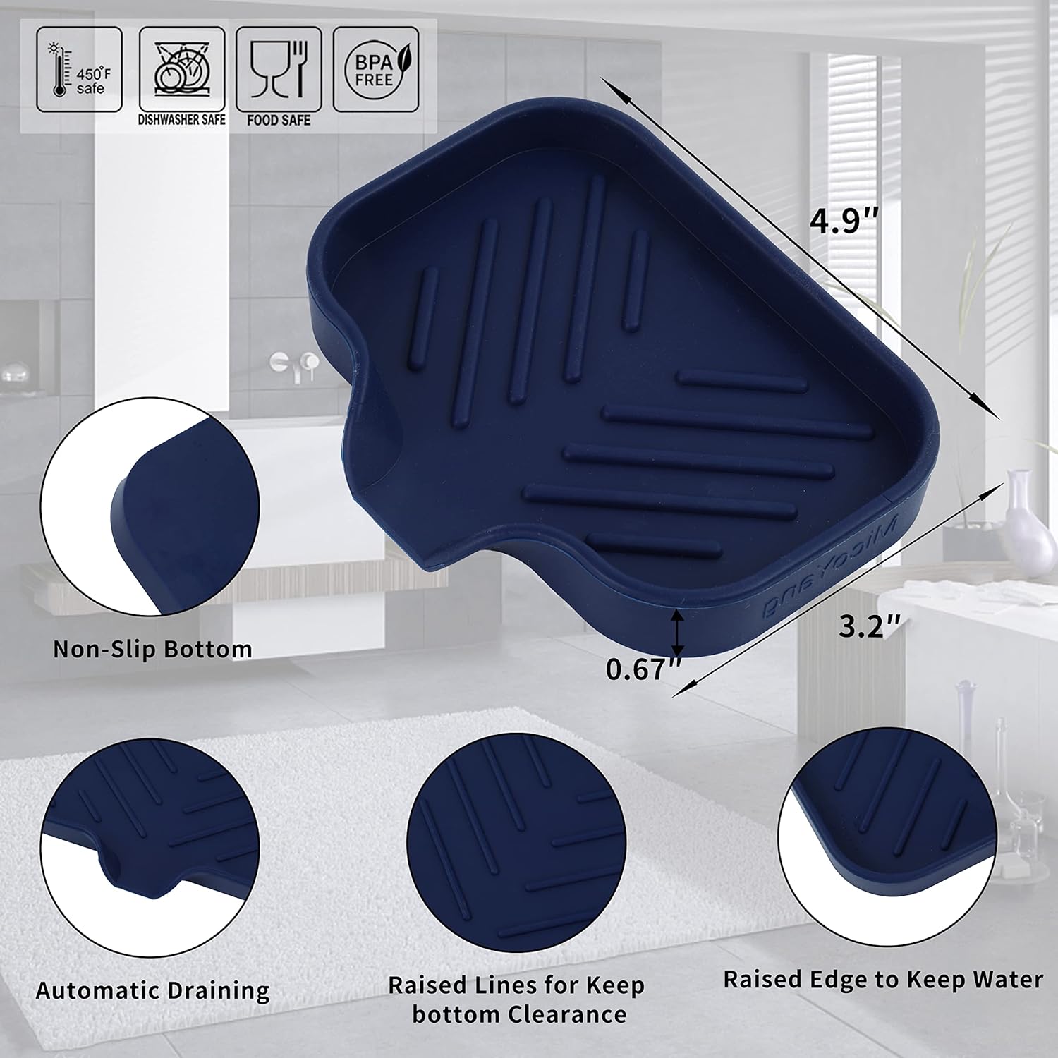 MicoYang Silicone Soap Dish with Drain Spout - Navy Blue 49x32