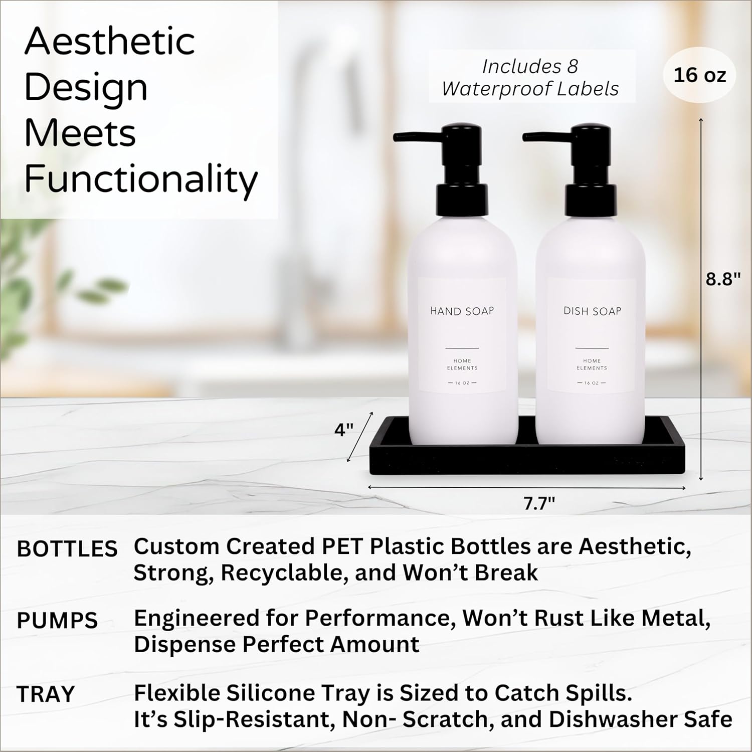 ShatterFree Soap Dispenser Set - 16 oz PET Plastic with Pump Tray