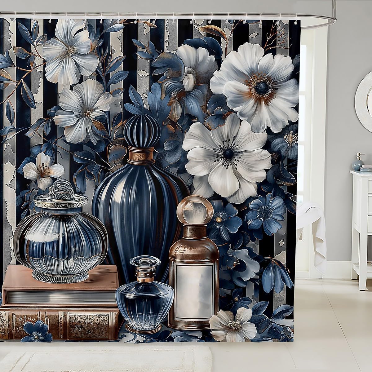 Erosebridal Blue Floral Bath Curtain with Stripe Design