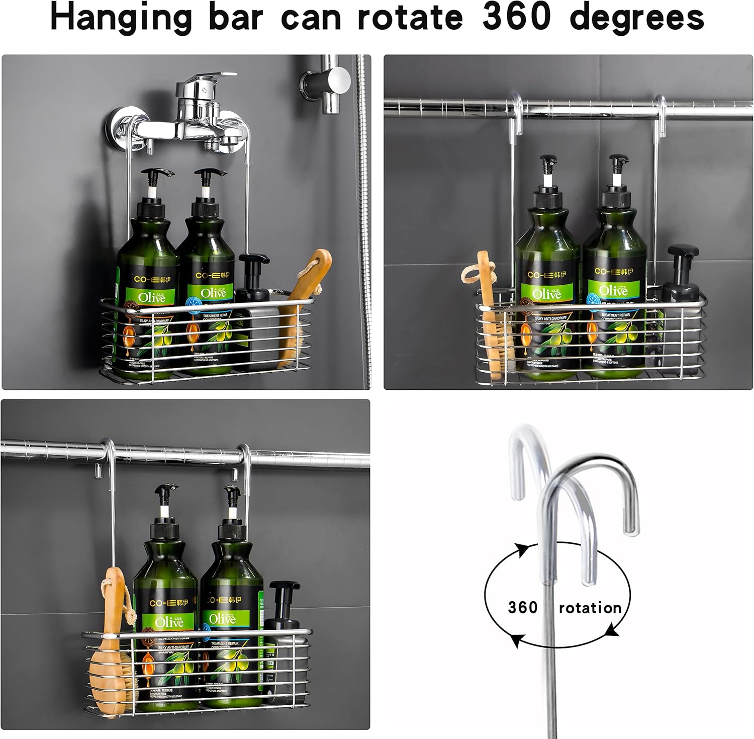 304 Stainless Steel Hanging Shower Rack with Rotatable Hooks