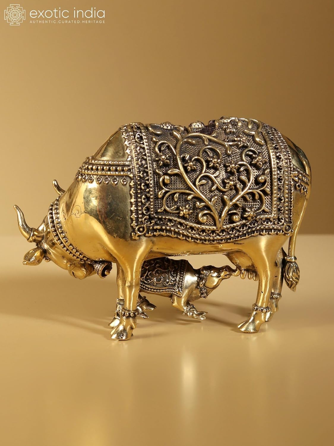 Exotic India Superfine Kamdhenu Cow Calf Brass Statue 1