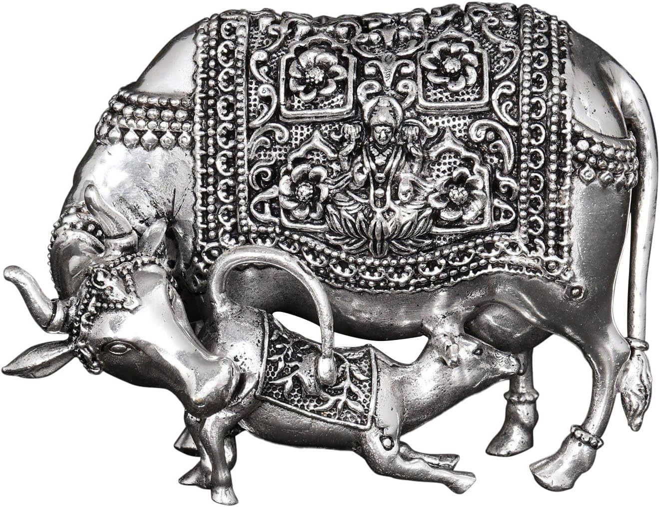 Exotic India Small Superfine Brass Kamdhenu Cow Statue with Lakshmi-Ganesha Carving