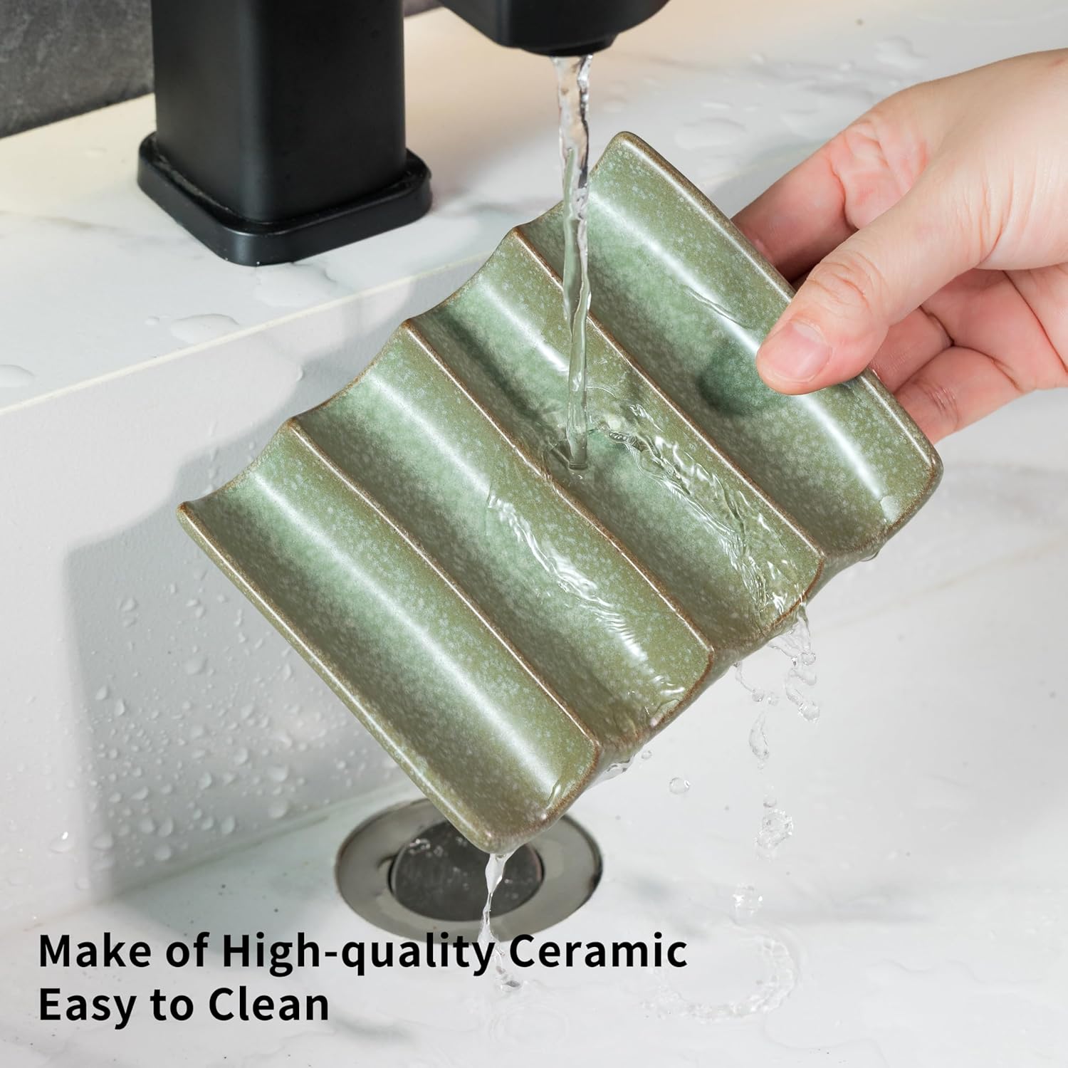 Cormomu Draining Ceramic Soap Dish - Fluted Design Green