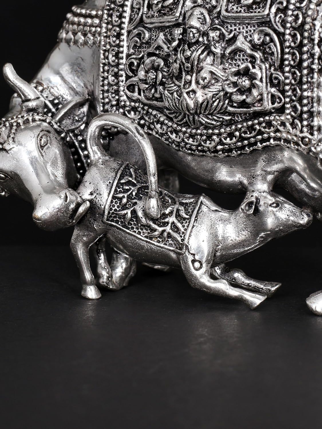 Exotic India Small Superfine Brass Kamdhenu Cow Statue with Lakshmi-Ganesha Carving