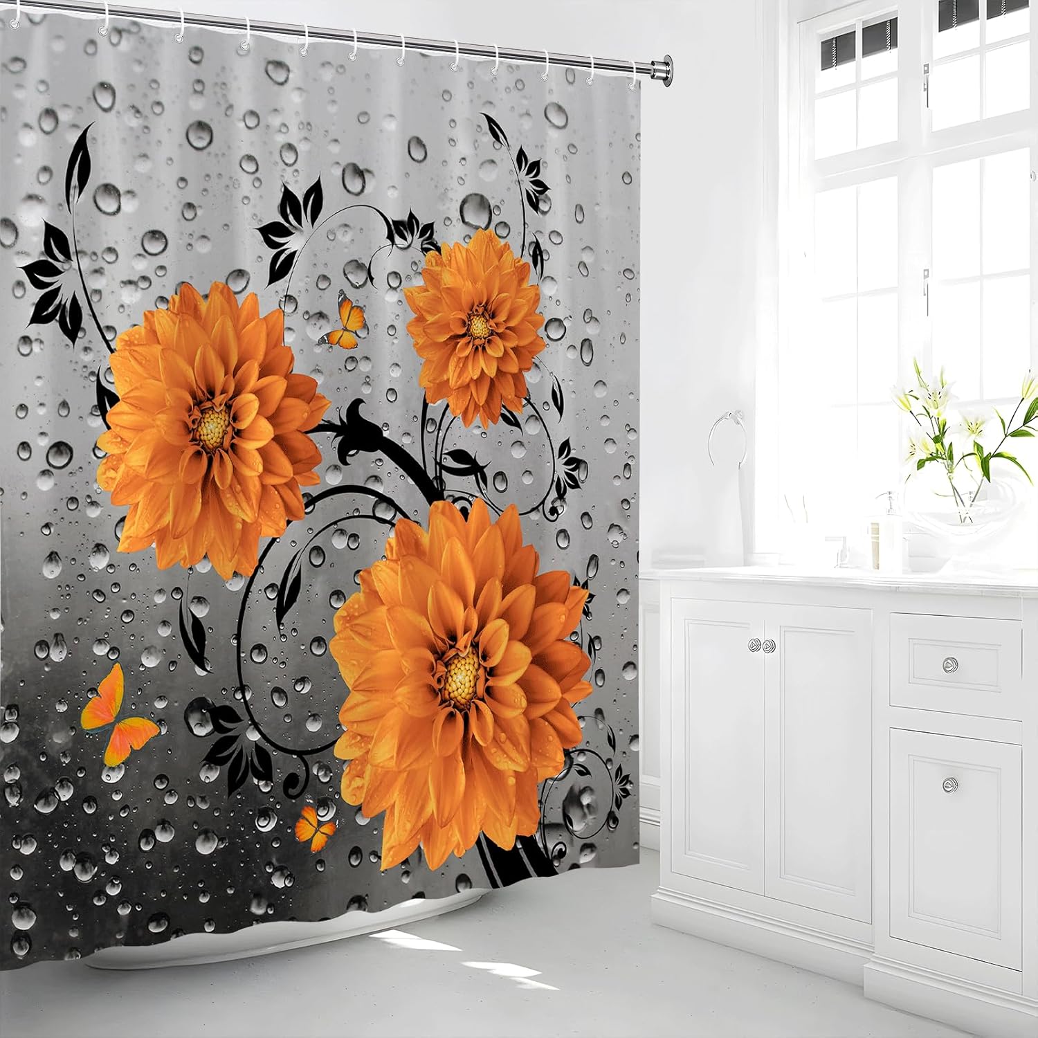 Grey Raindrop Floral Shower Curtain Set with Hooks 70x70 Inch
