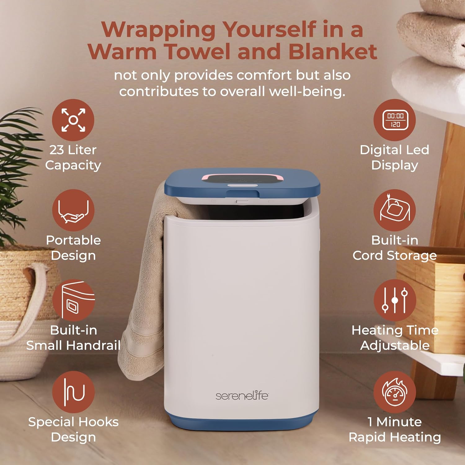 SereneLife Towel Warmer Bucket With Timer - 23L 2 Towels Blue