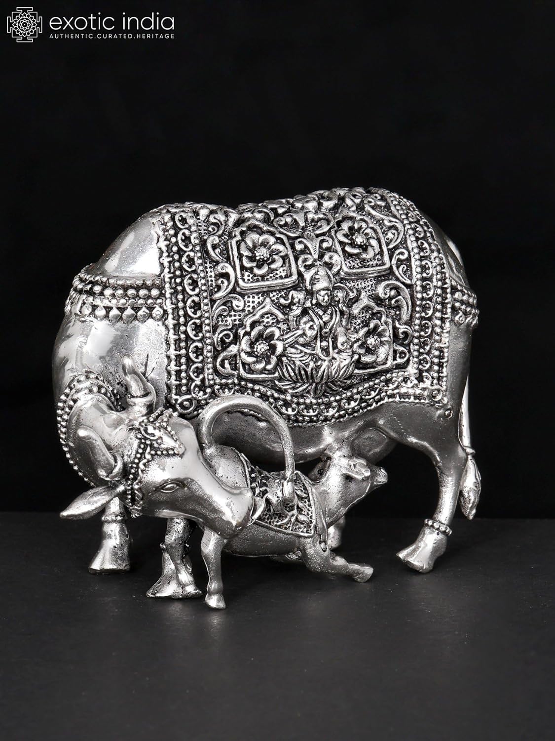 Exotic India Small Superfine Brass Kamdhenu Cow Statue with Lakshmi-Ganesha Carving