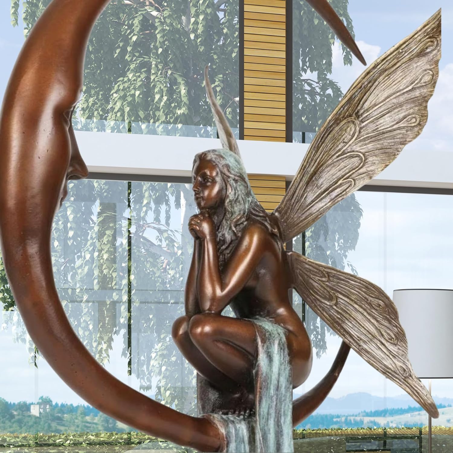 Bronze Fairy on Crescent Moon Sculpture - 157 Tall Art Decor