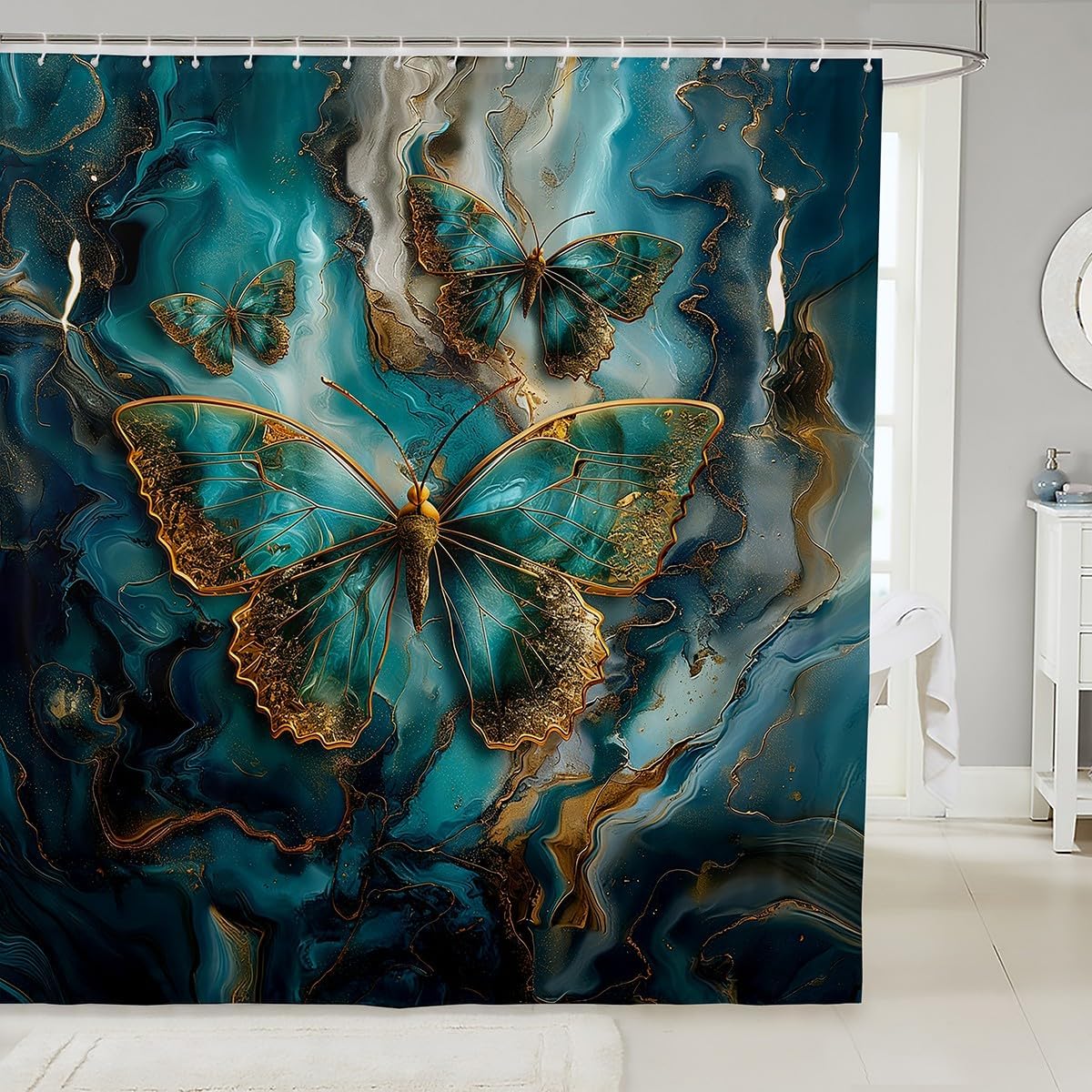 Erosebridal Gold Teal Marble Shower Curtain Set with 15 Hooks