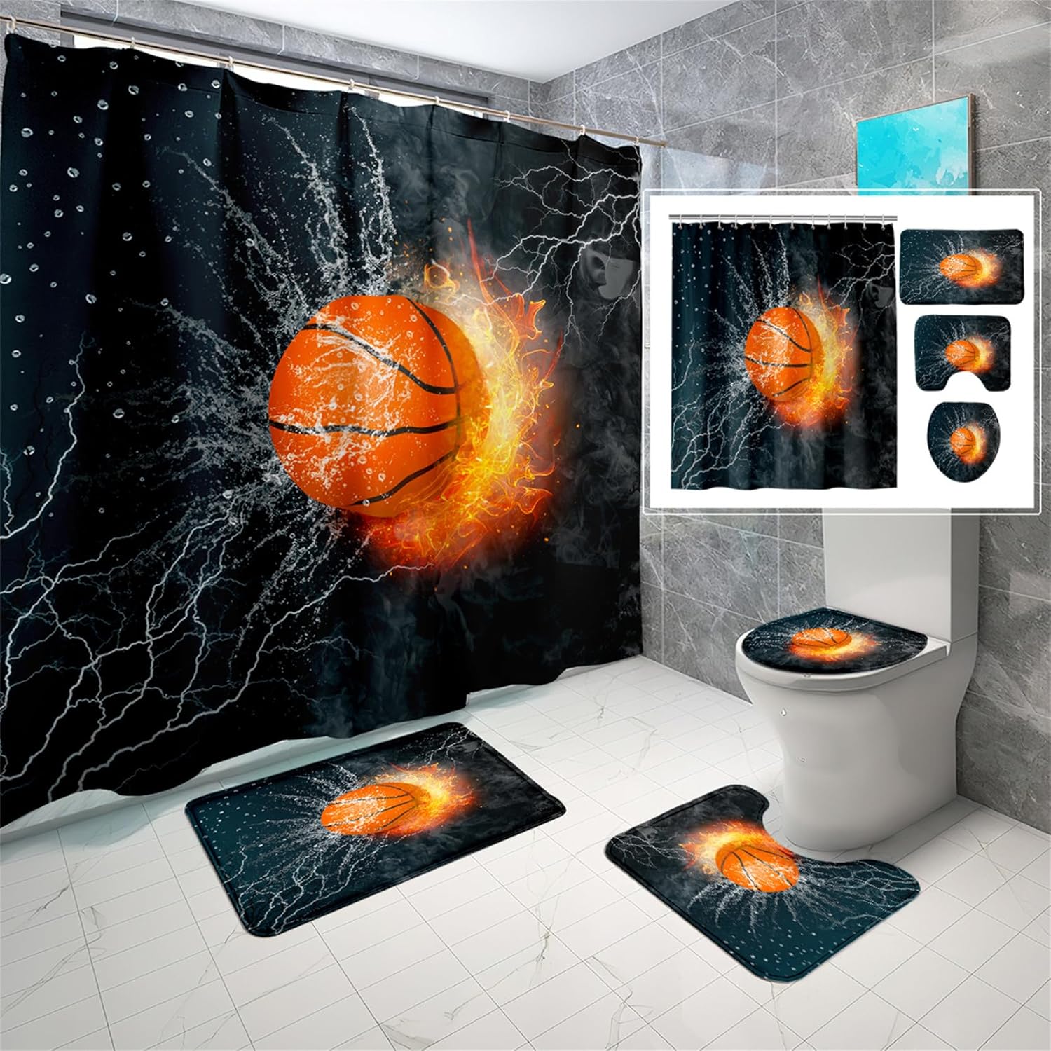 Basketball Shower Curtain Set 4 Pcs for Kids