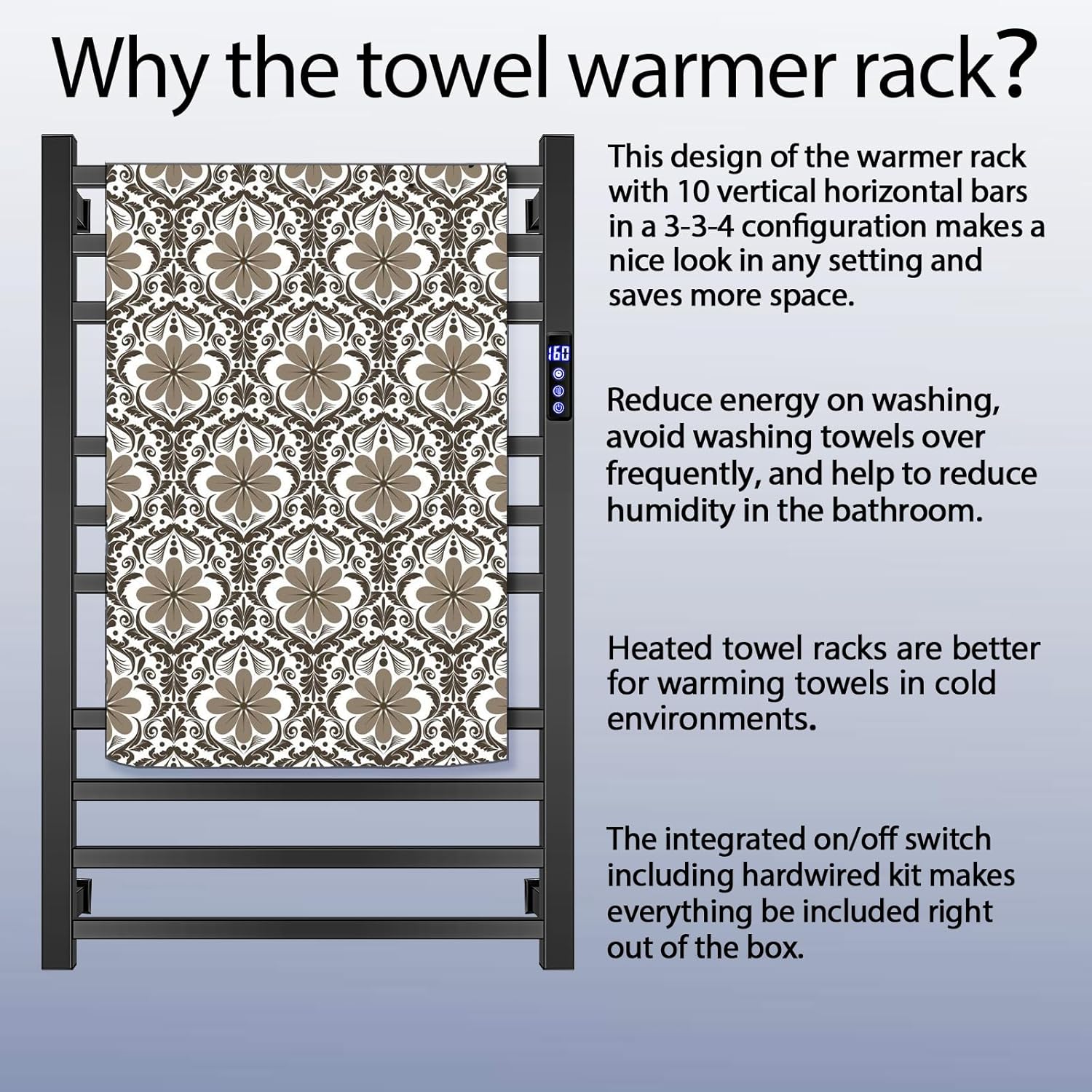 XBVV Matte Black 10-Bar Towel Warmer Rack with Timer and F Display