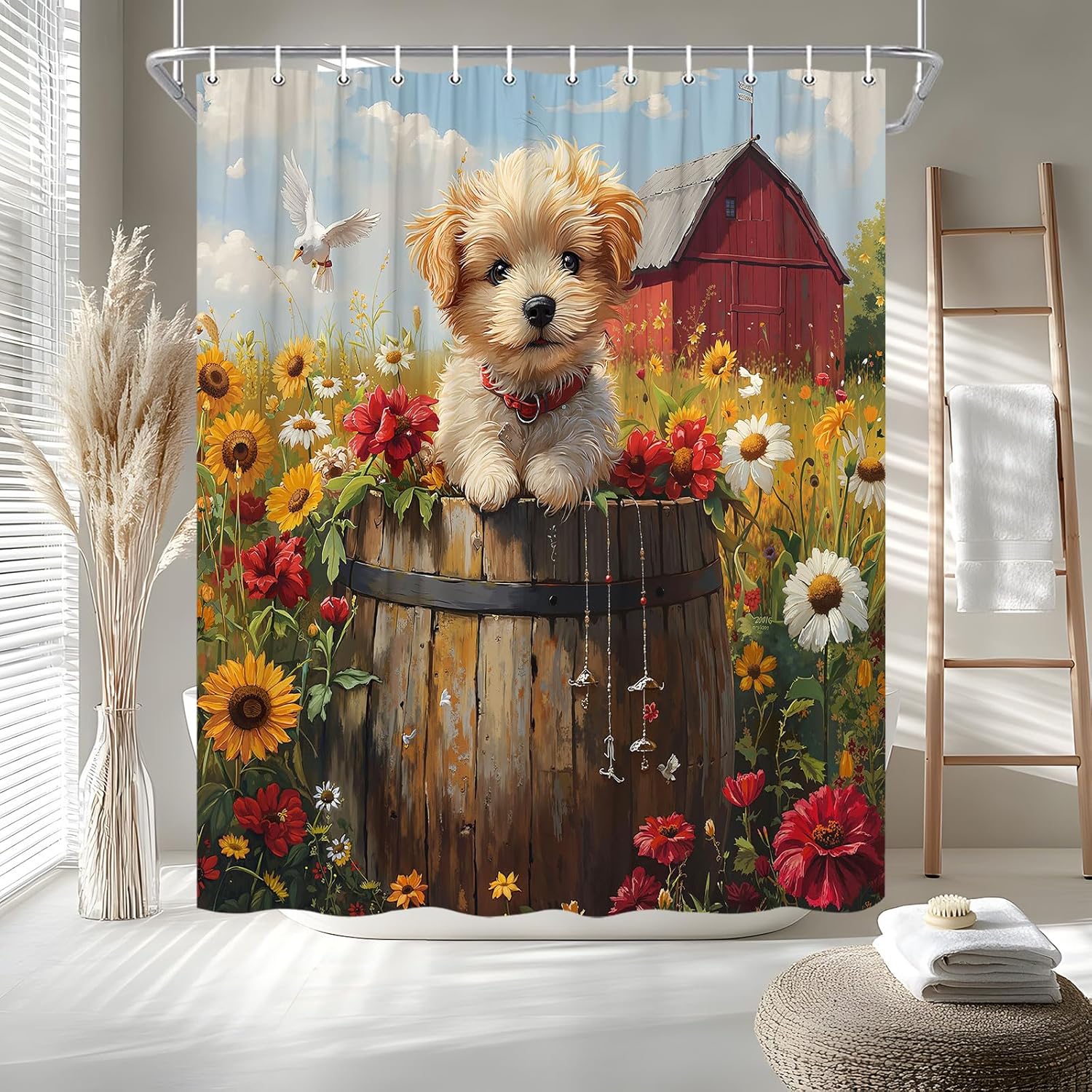 Farmhouse Dog Funny Animal Shower Curtain Set