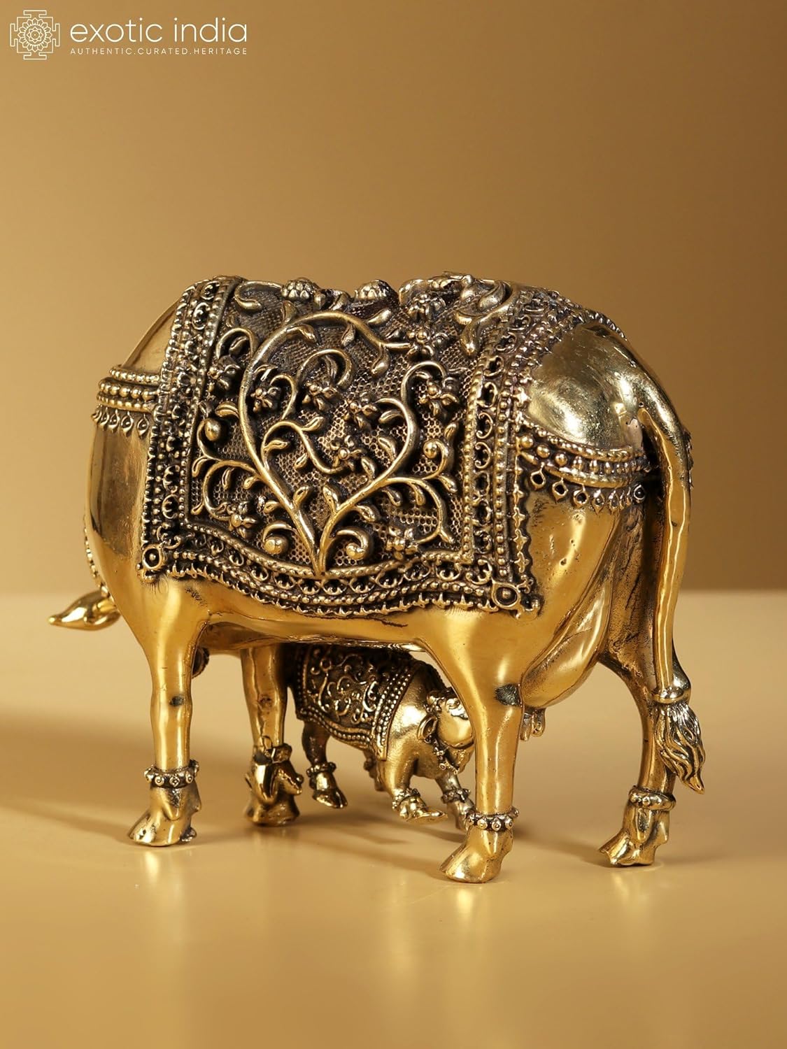 Exotic India Superfine Kamdhenu Cow Calf Brass Statue 1