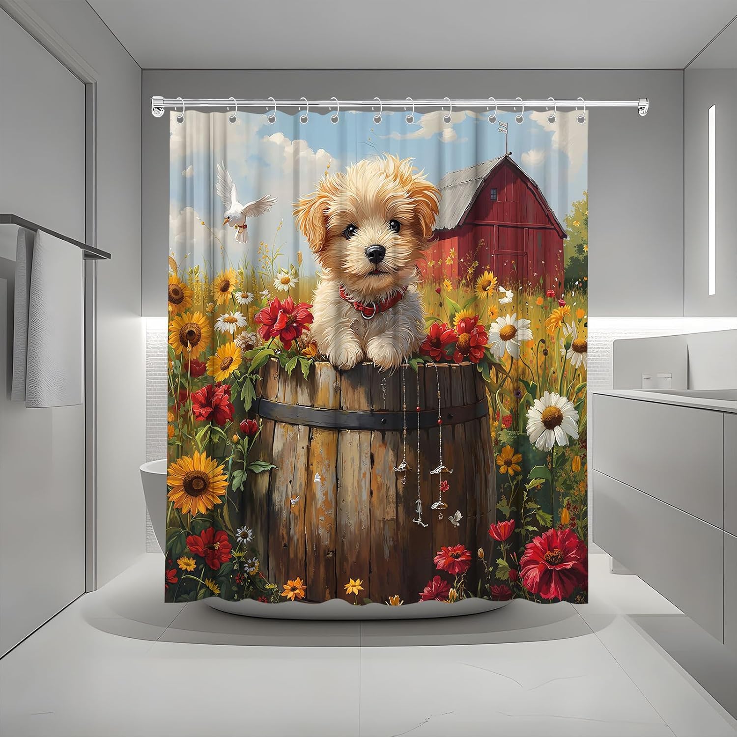 Farmhouse Dog Funny Animal Shower Curtain Set