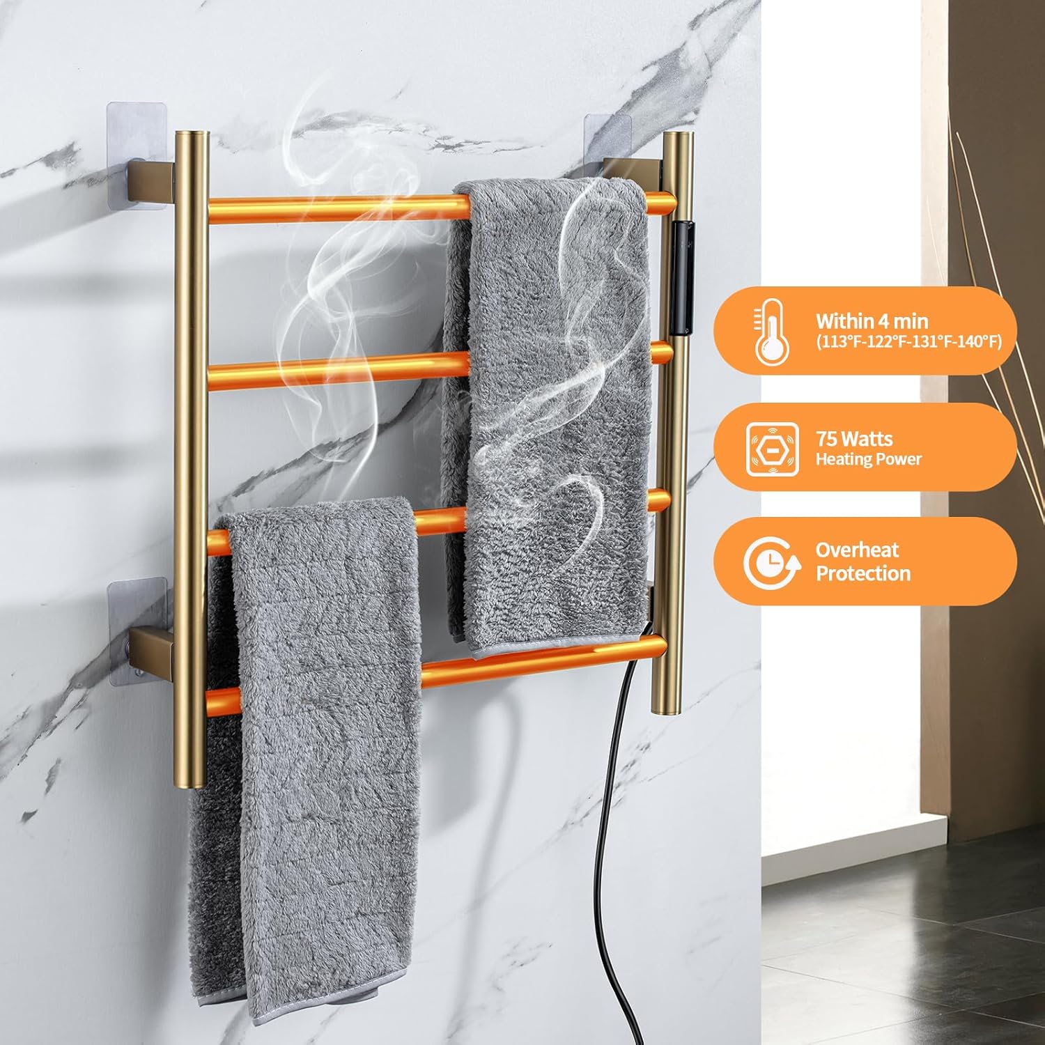 TRJIKAG Heated Towel Racks 4 Bars Electric Warm Towel Dryer Gold