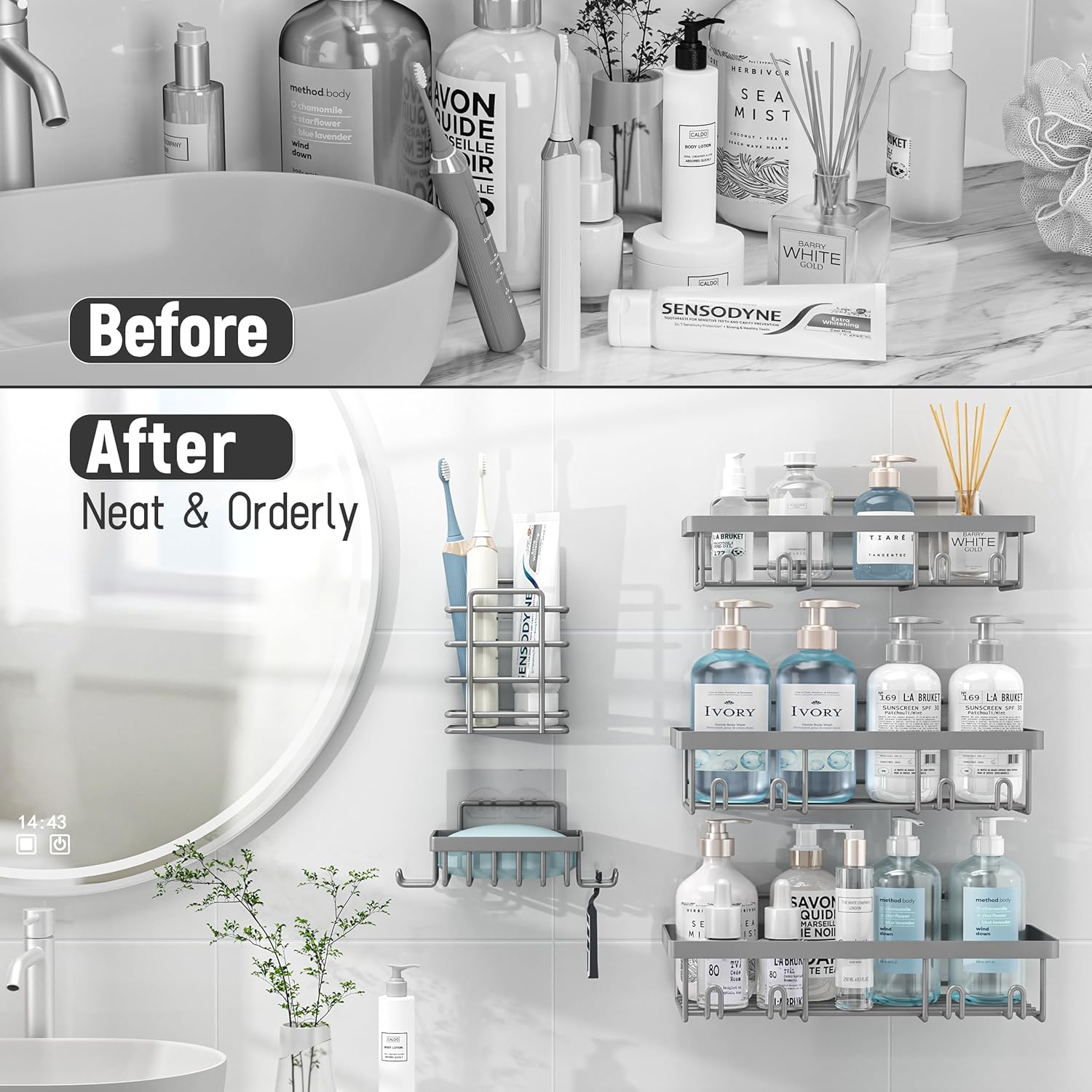 Liuoud 5 Pack Shower Caddy Organizer with Durable Stainless Steel and Strong Adhesive