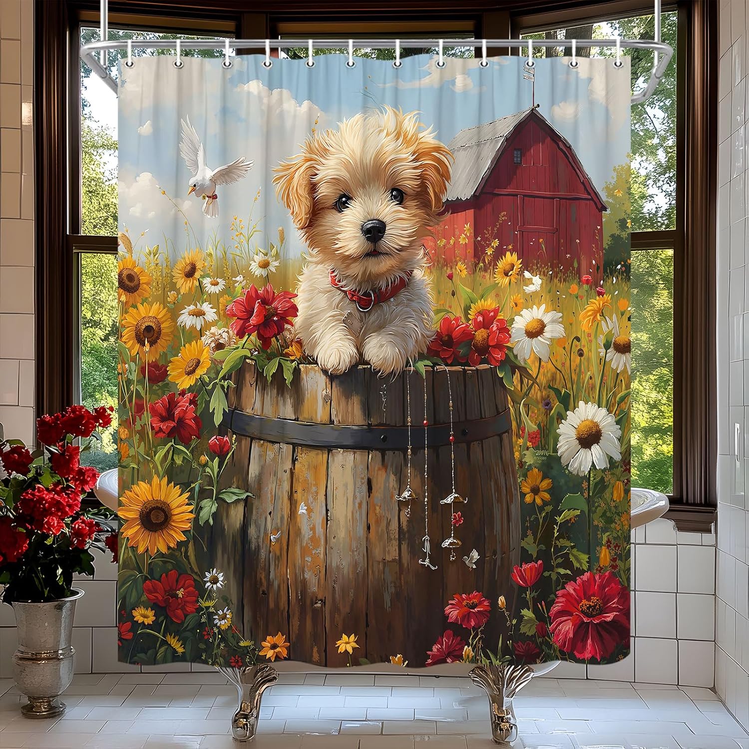Farmhouse Dog Funny Animal Shower Curtain Set