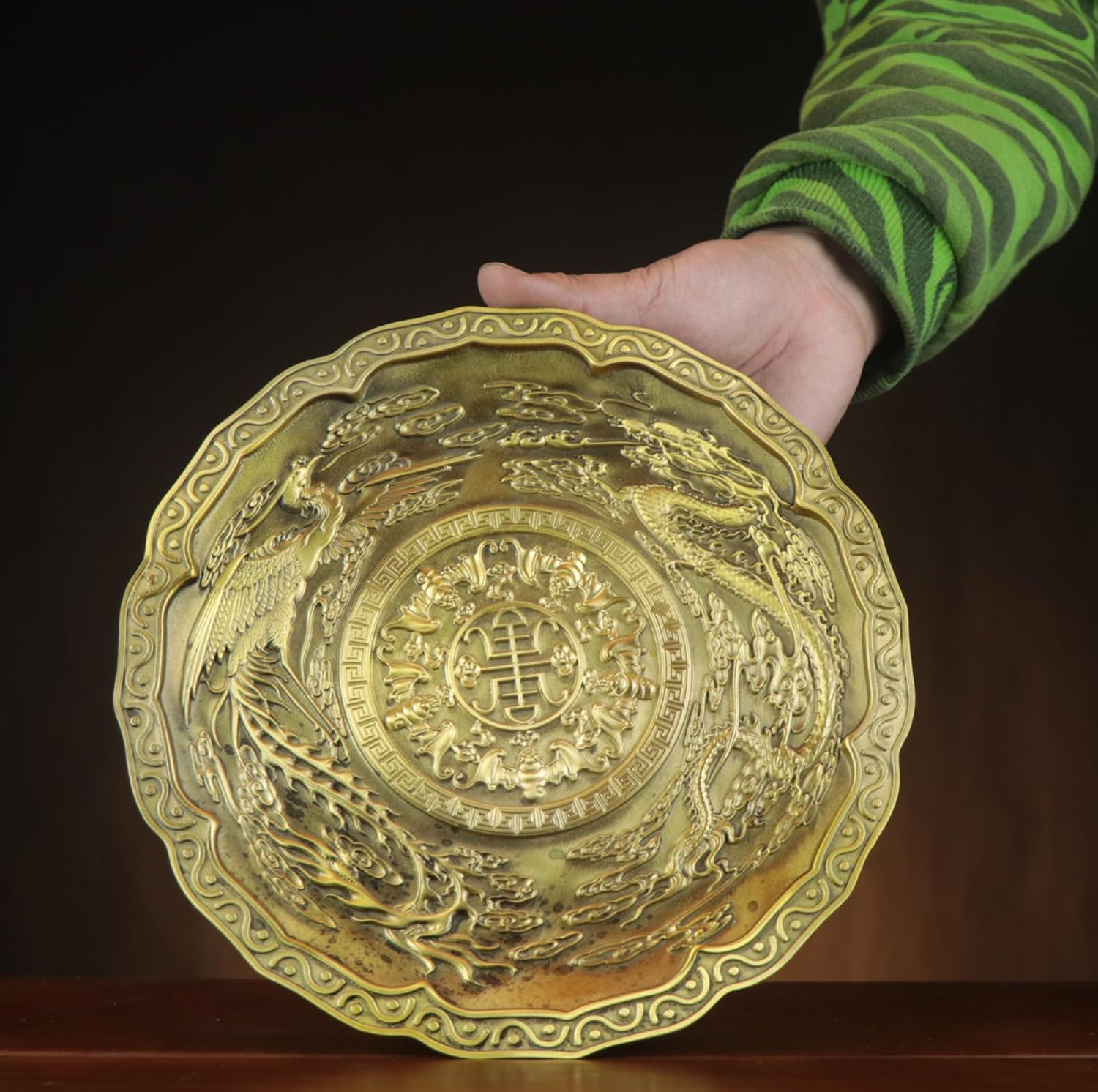 Usoway 24cm Brass Dragon and Phoenix Serving Tray