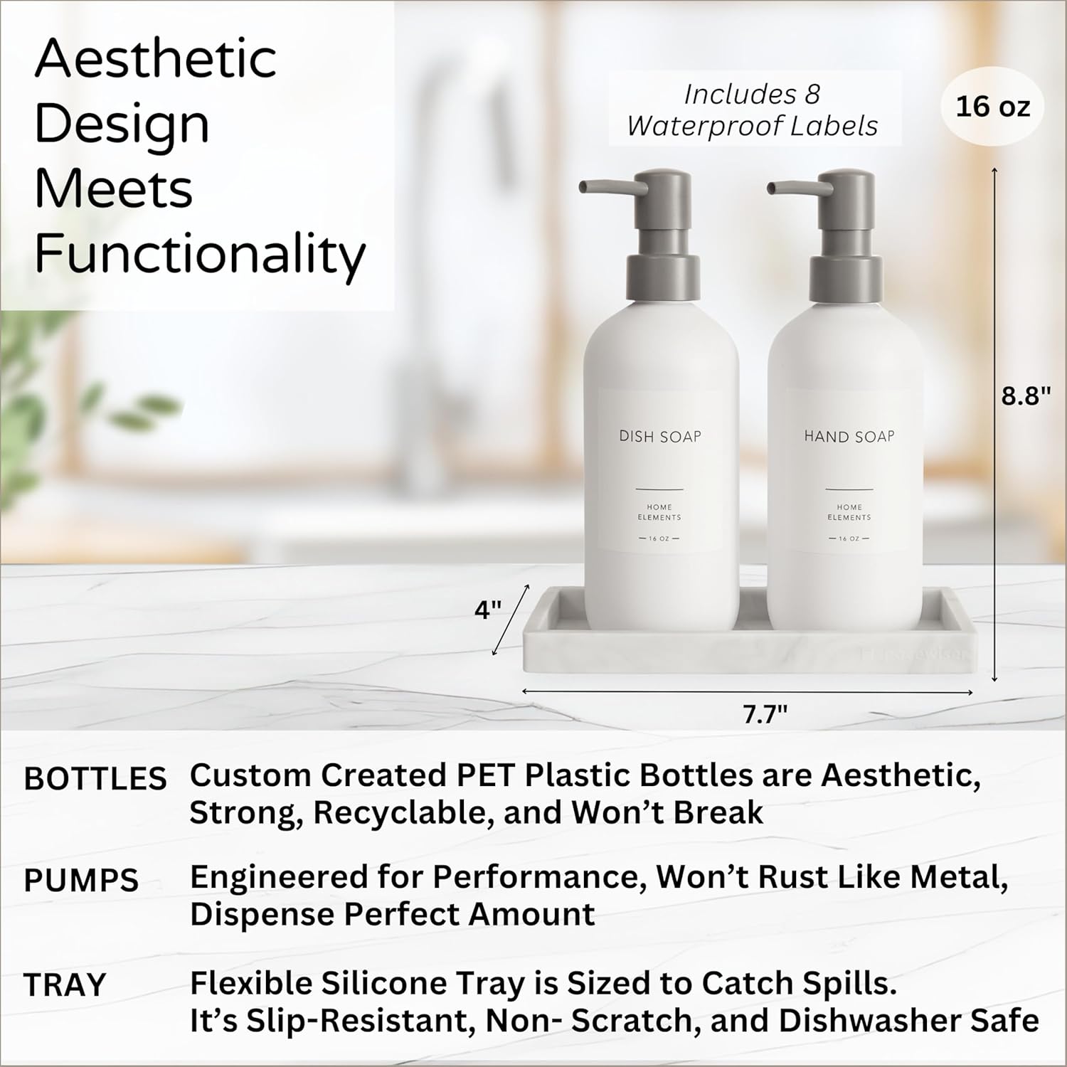 Spacewiser Shatter-Free Soap Dispenser Set with Pump and Tray