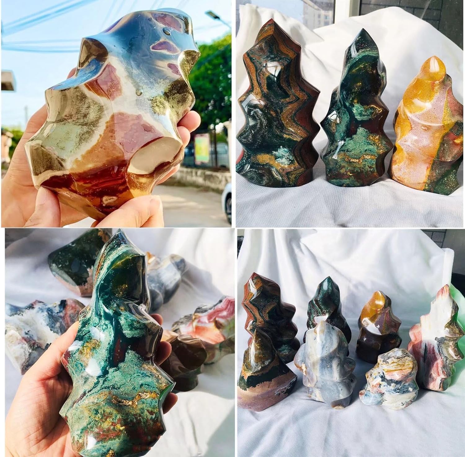 Ocean Jasper Flame Shaped Healing Crystal Tower Statue
