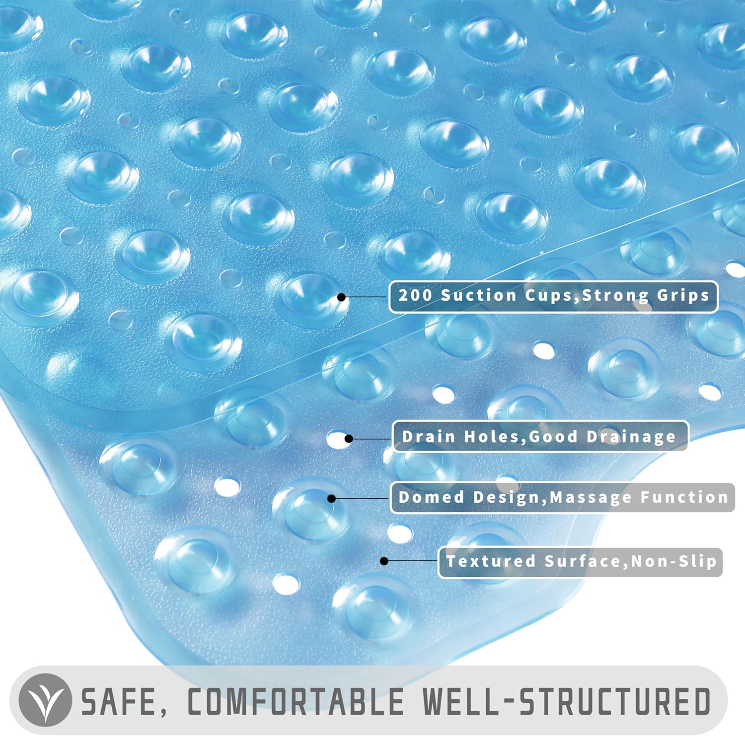 Yimobra Non-Slip Bath Mat 40x16 Clear Blue with 200 Suction Cups