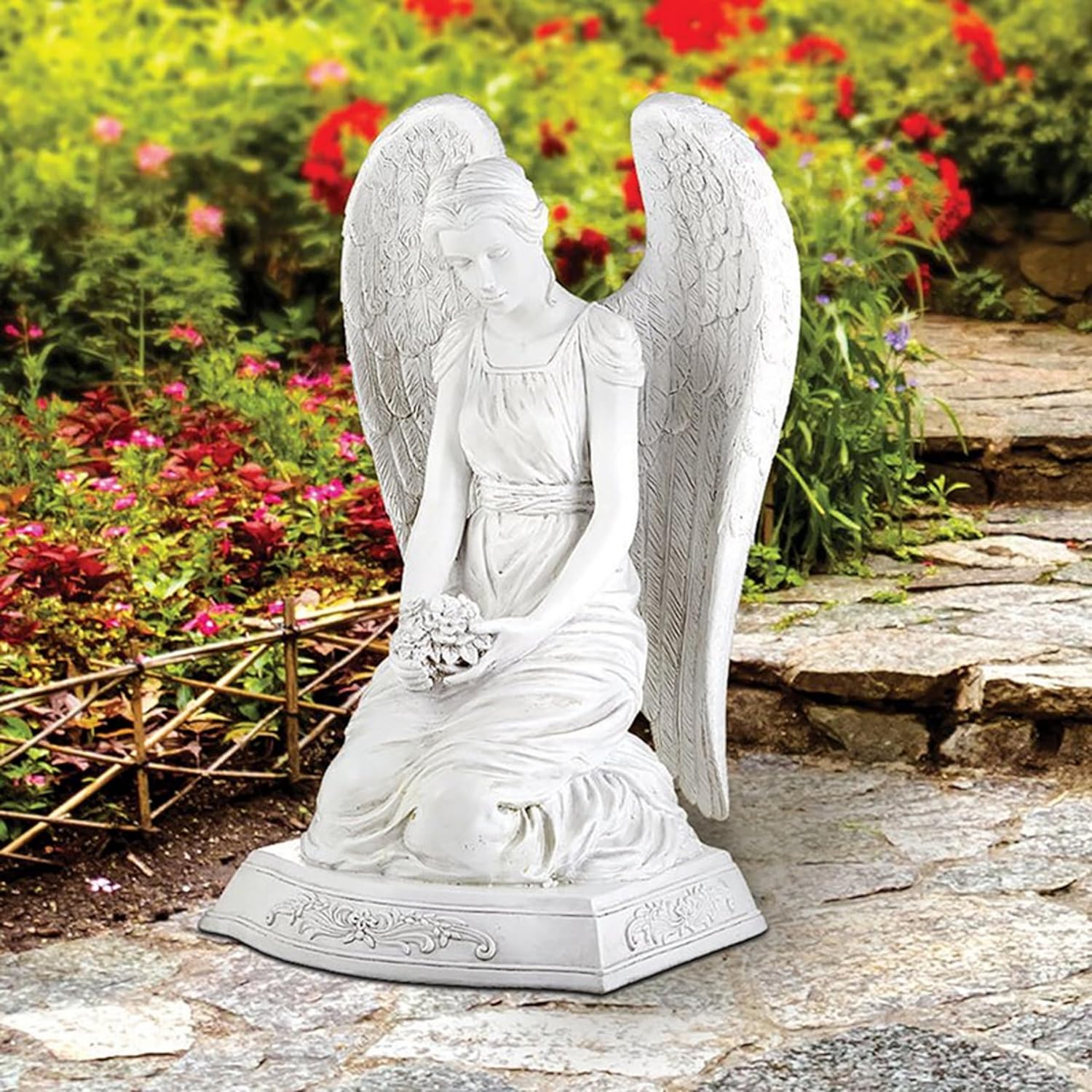 Garden Statue Kneeling Angel 20 Tall Stone-Resin Memorial