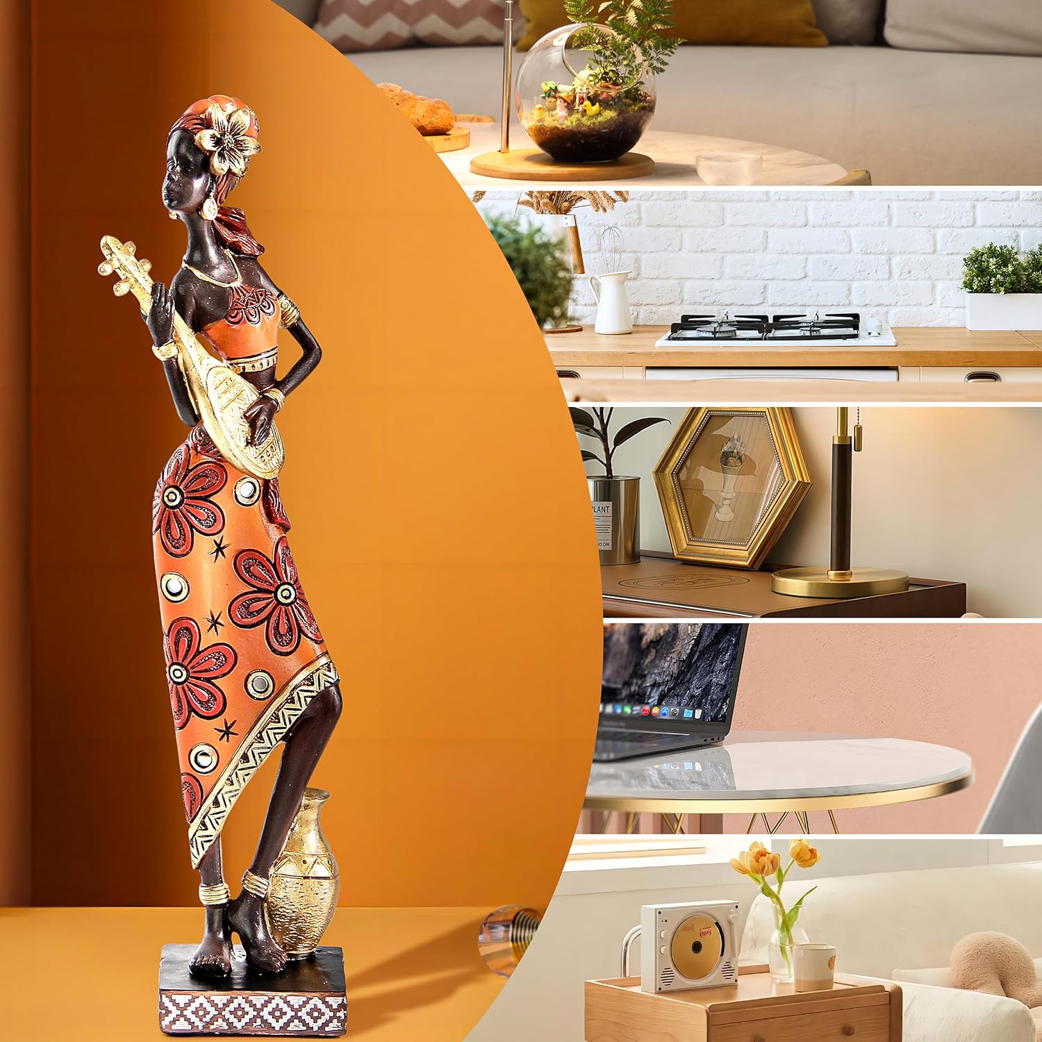 African Lady Musician Sculpture Home Decor