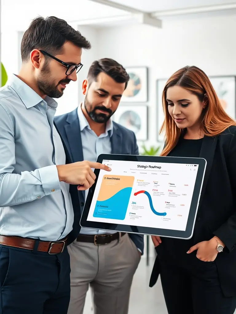 A consultant presenting a technology roadmap to a client, highlighting key milestones and strategic objectives.