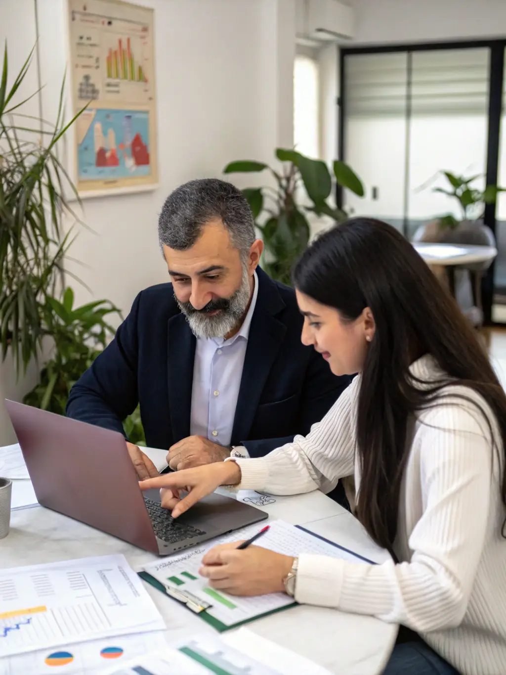 A consultant working closely with a client, reviewing cybersecurity protocols on a laptop in a secure office setting, emphasizing data protection and compliance.