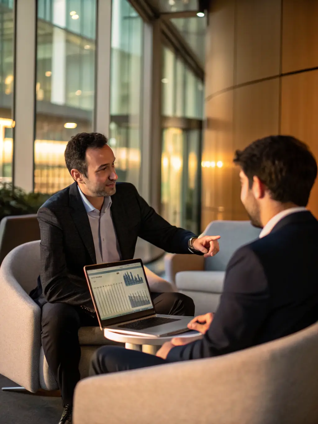 A consultant discussing technology strategies with a client in a modern office setting, emphasizing collaboration and strategic planning.