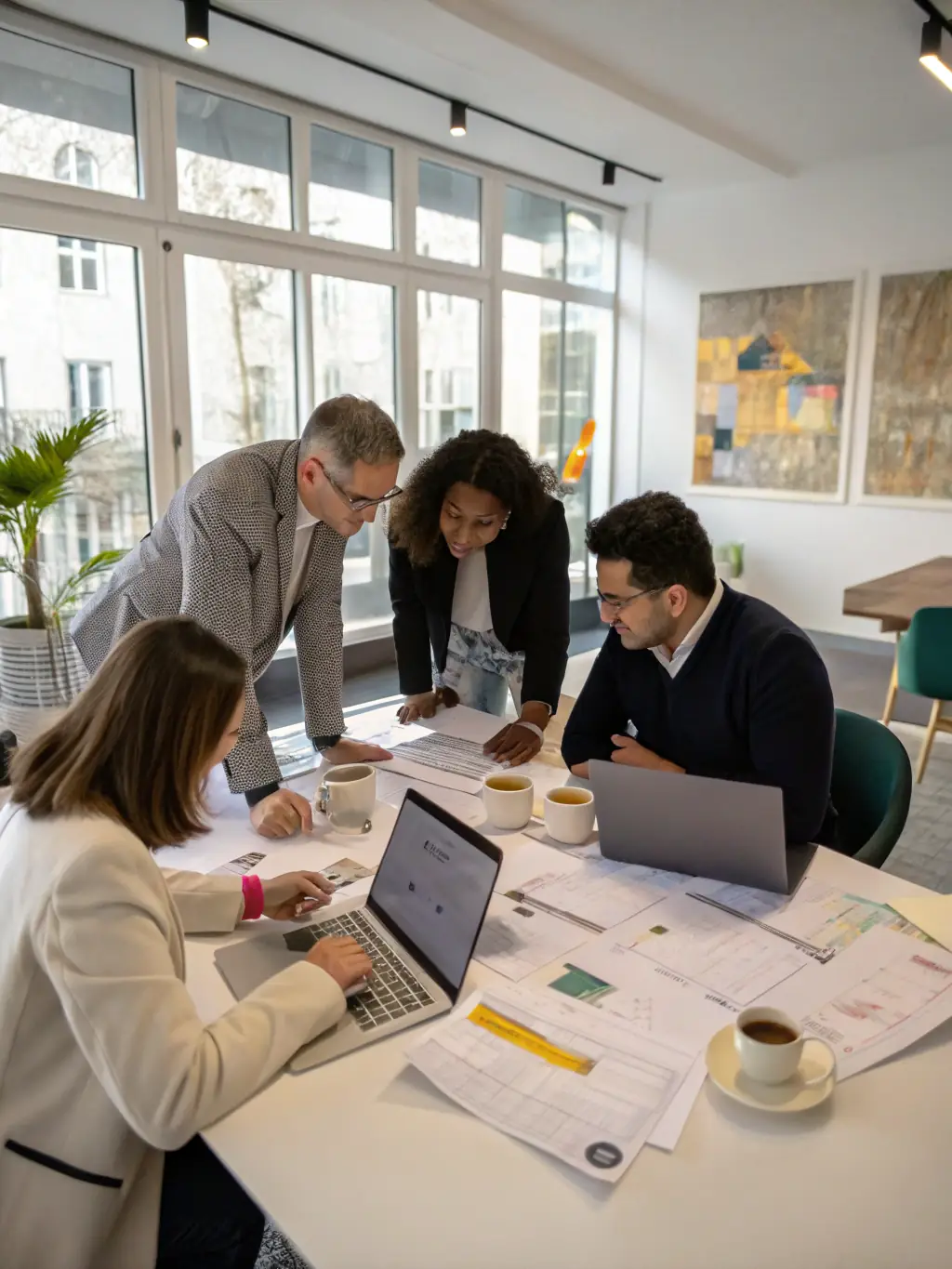 A diverse team of consultants working on laptops and discussing data analytics in a bright, modern office.