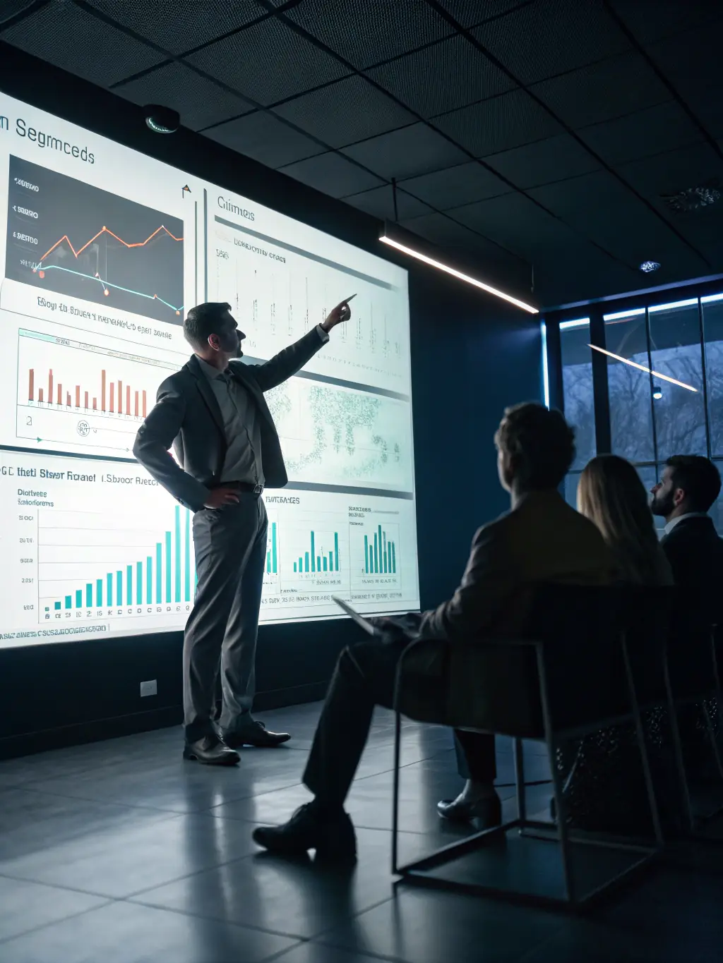 A consultant in a suit, smiling confidently while pointing at a digital dashboard displaying key performance indicators, set in a modern office environment, representing data-driven consulting.