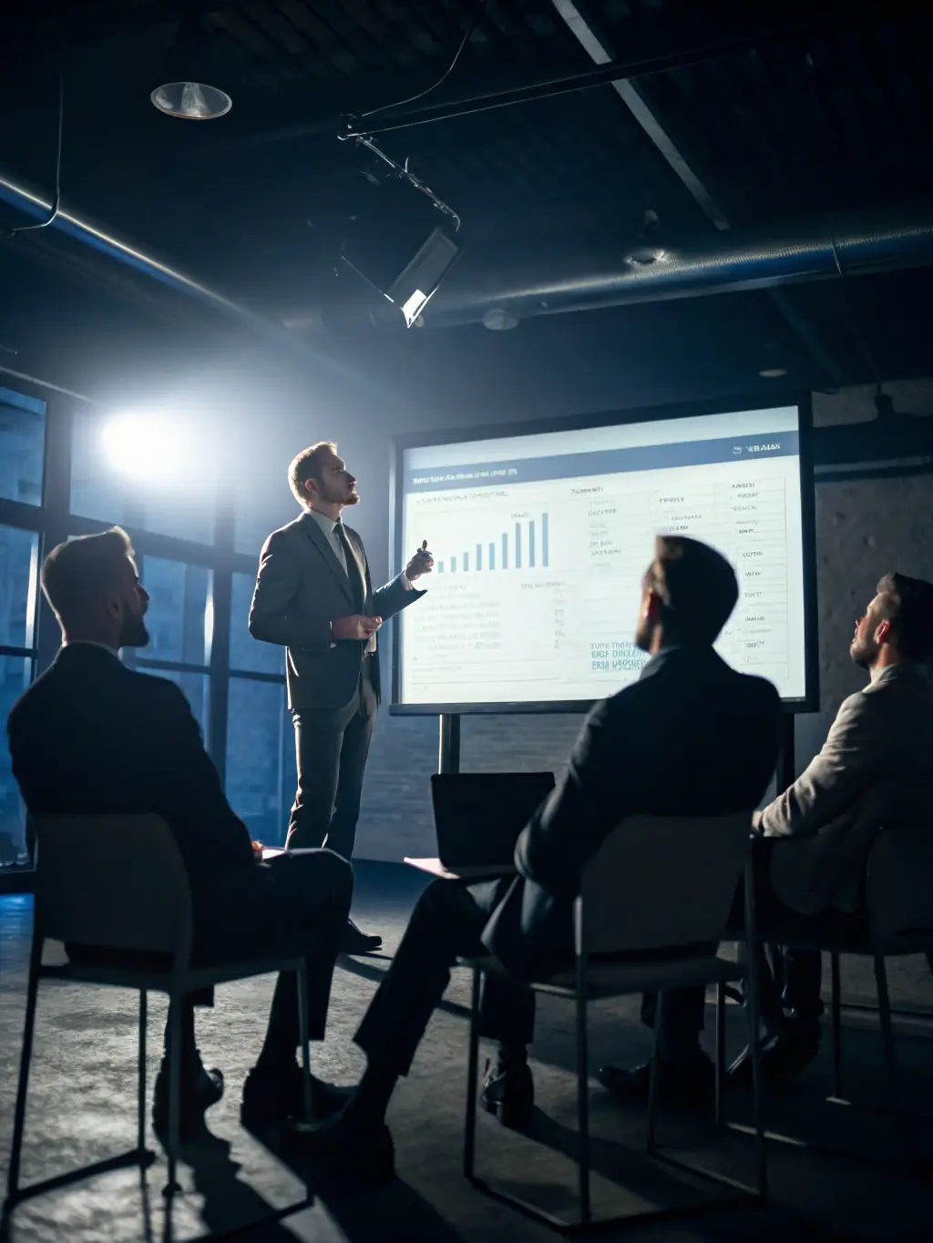 A consultant presenting a digital transformation roadmap on a large touchscreen to a group of executives in a boardroom, illustrating strategic planning and vision.