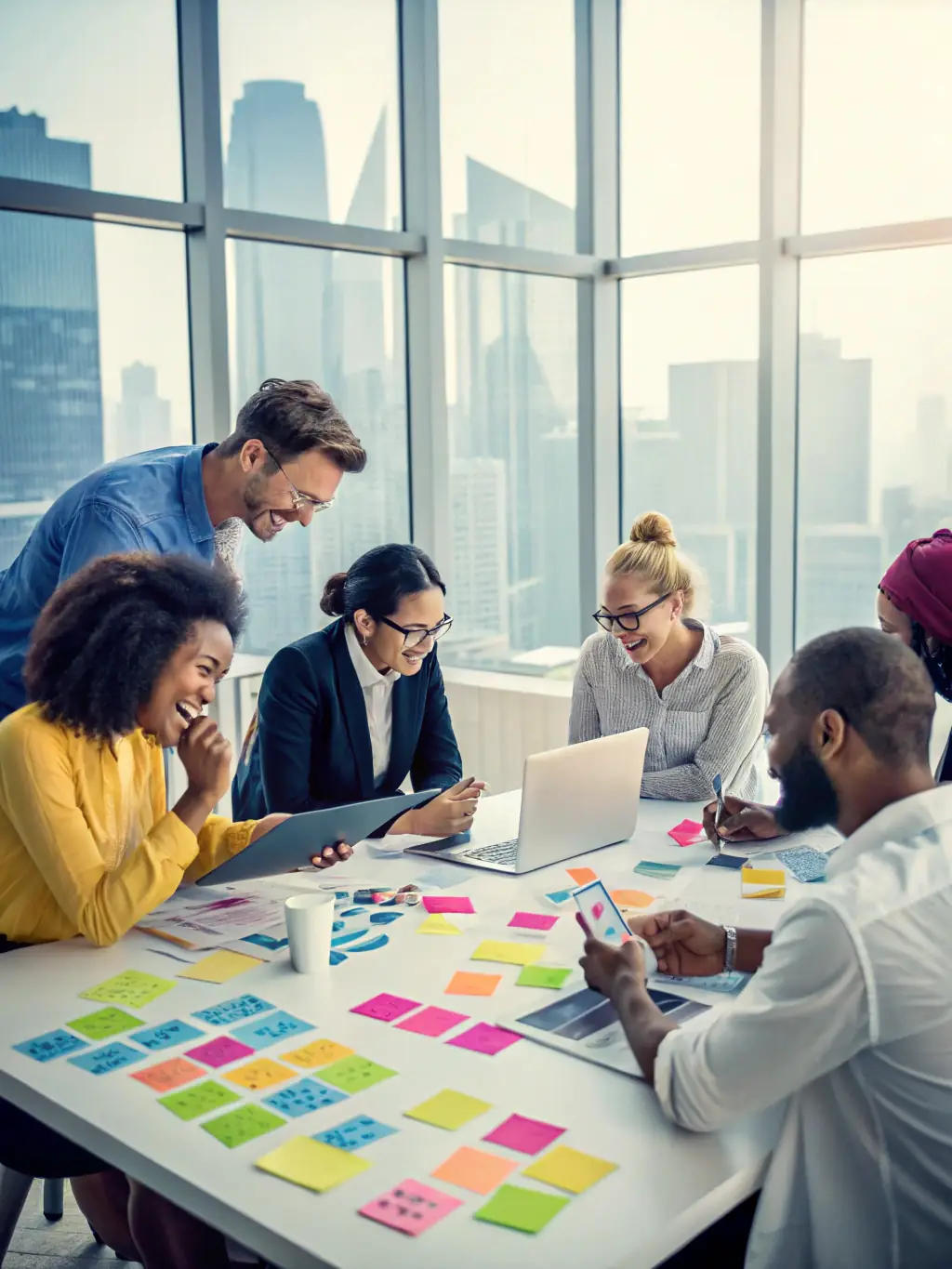 A diverse team of consultants brainstorming around a table covered with laptops and documents, with sticky notes on a whiteboard in the background, symbolizing collaborative problem-solving.